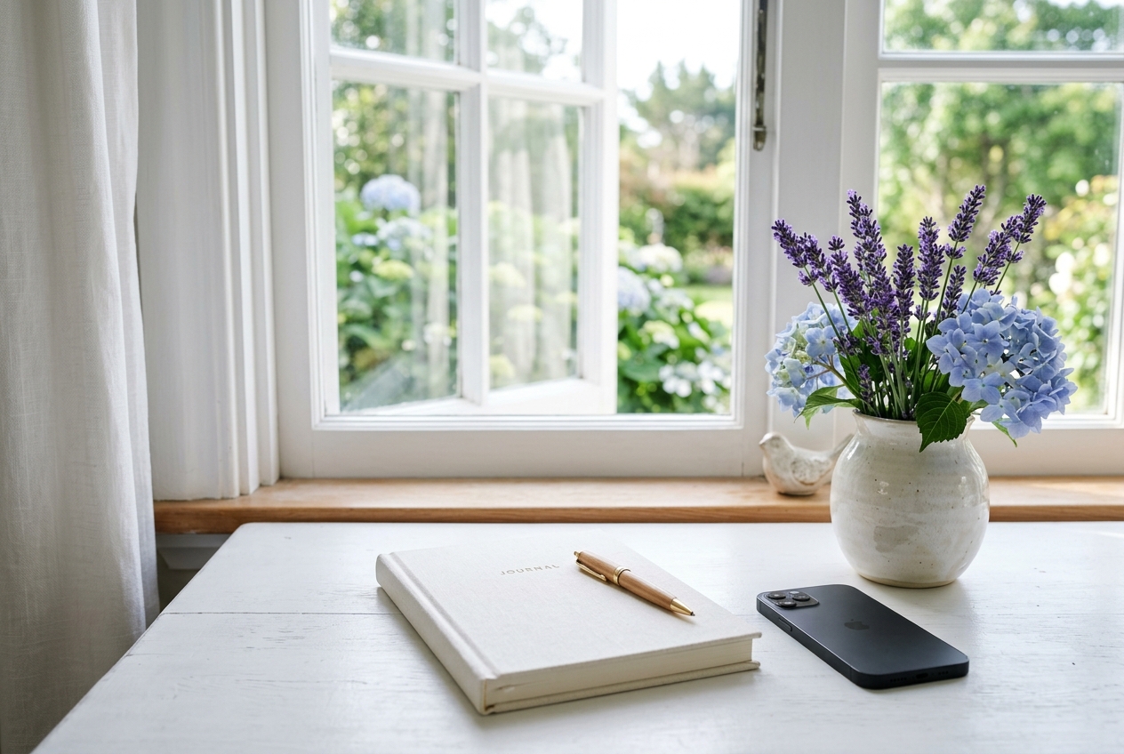 A serene desk by a bright window with a notebook, pen, and a vase of lavender and blue hydrangeas