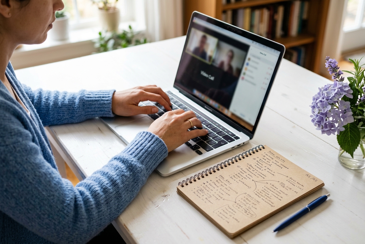 A woman's sleeved hands typing on a laptop beside an open notebook of handwritten notes and lavender hydrangeas