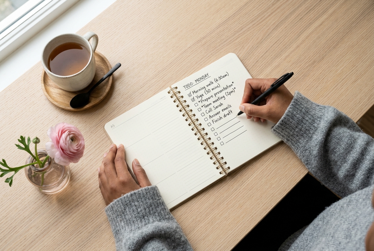 Sleeved hands writing a short, neat checklist in an open planner beside a cup of tea