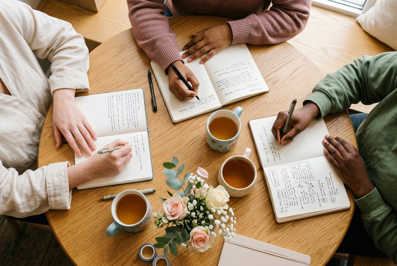Cropped overhead view of women journaling together, showing hands, long sleeves, journals, flowers and tea
