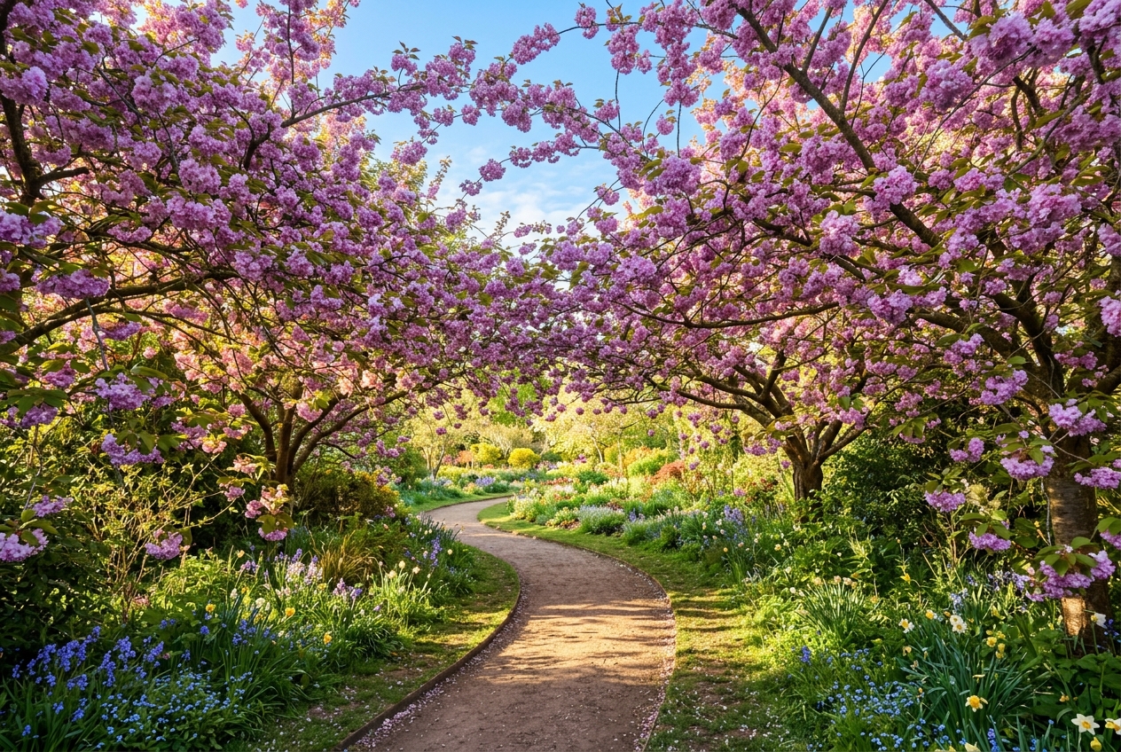 A gentle first-person walk along a sunlit path beneath flowering trees