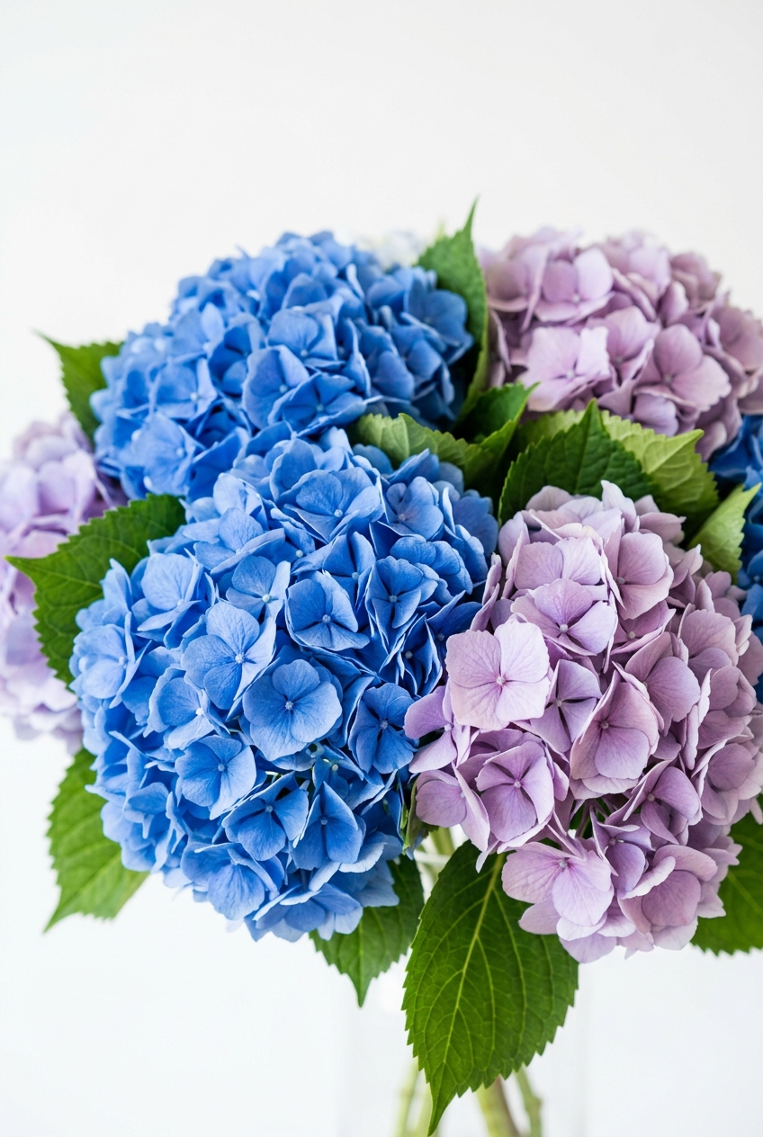 Bright blue and lavender hydrangeas in full bloom