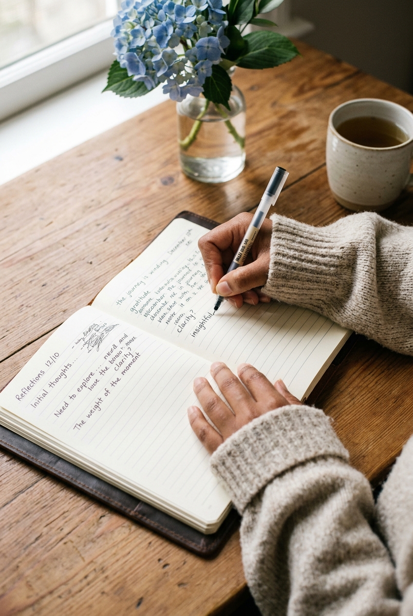 A woman's hands in soft, fully sleeved arms writing reflective notes in an open journal beside a vase of blue hydrangeas