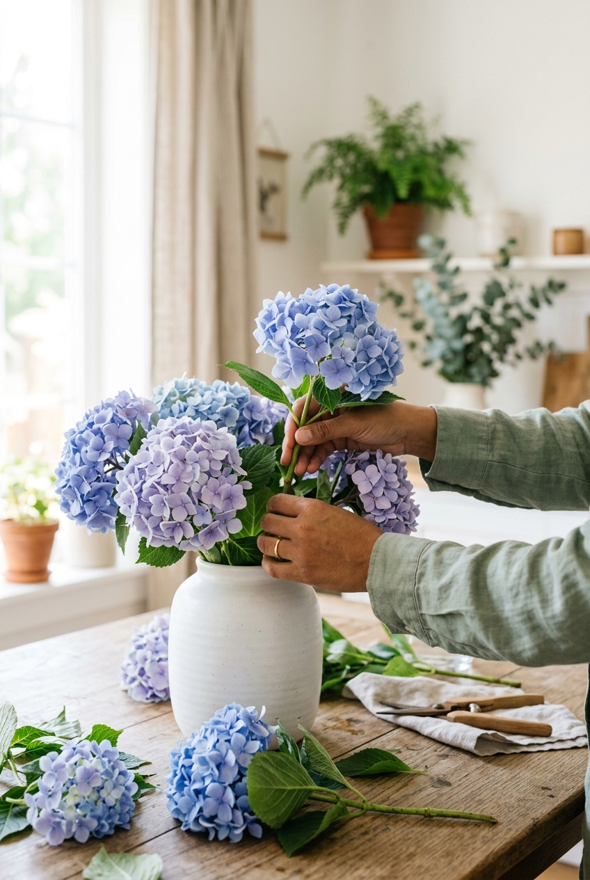 Hands in sage-green sleeves arranging blue and lavender hydrangeas into a white vase