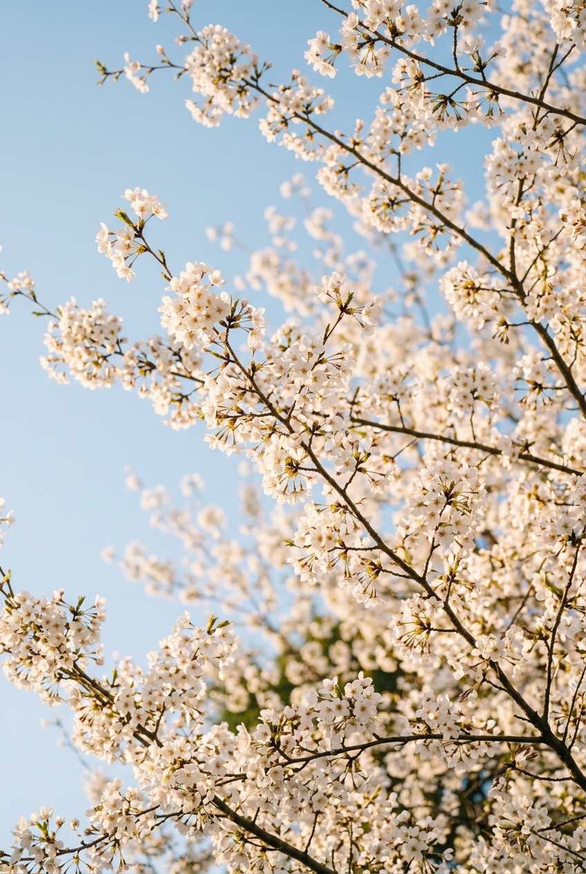 Sunlight glowing through white blossom branches